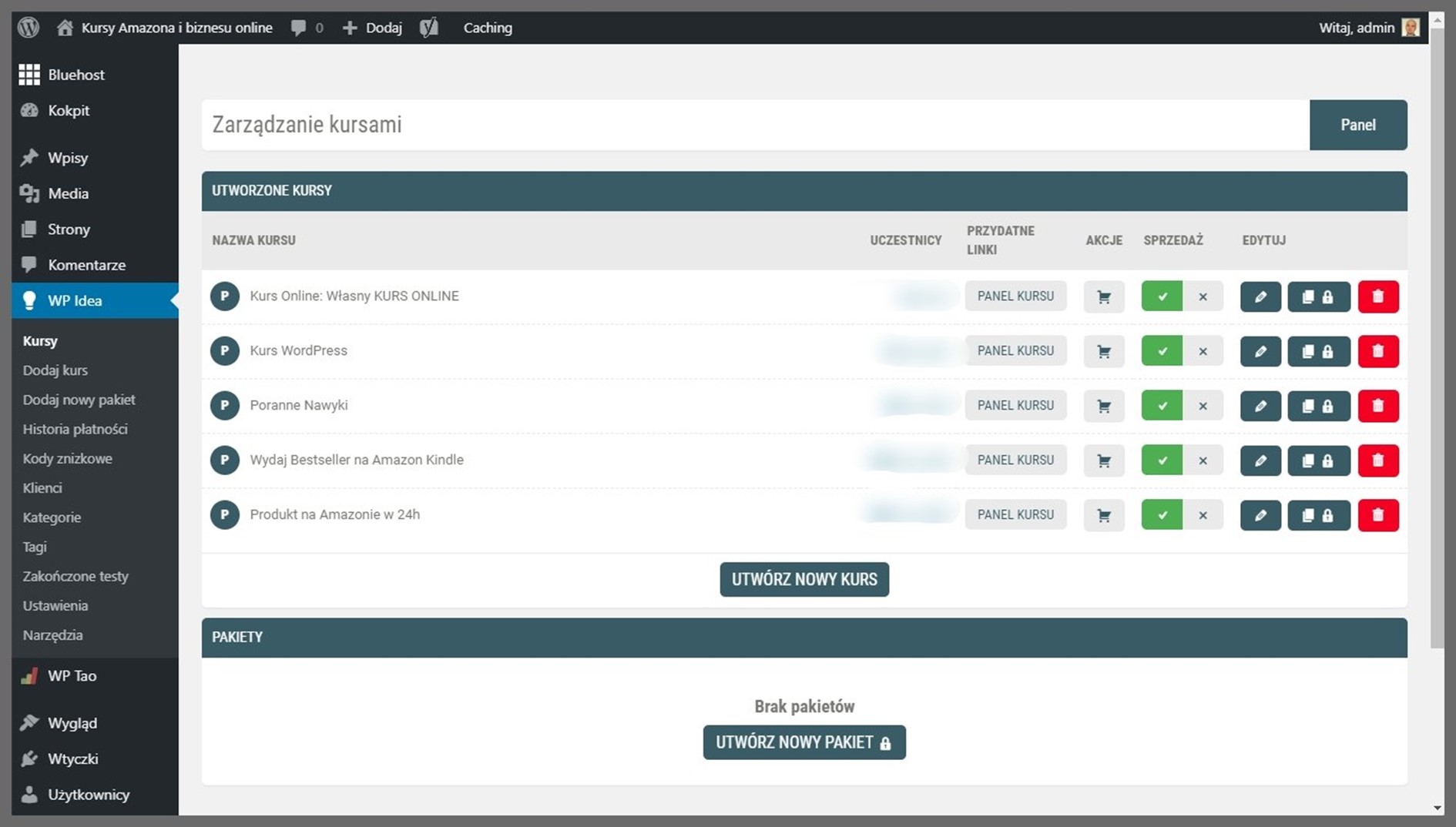 View of the WordPress dashboard in my online course store.